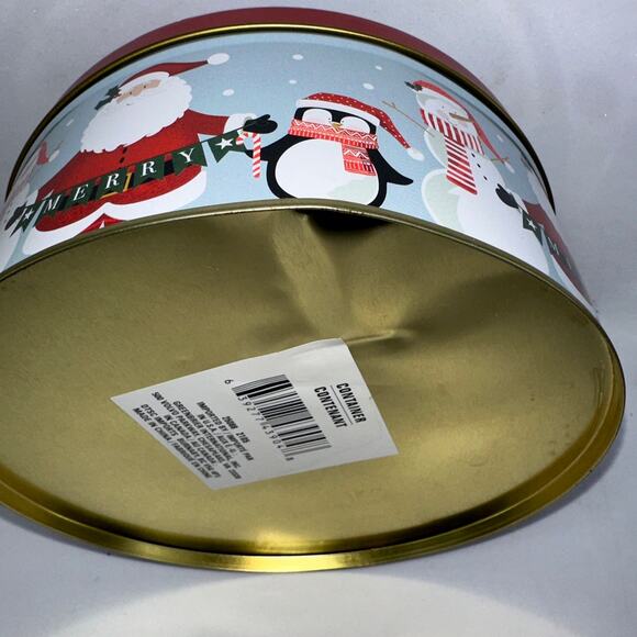 Cookie Tin Box Round Christmas Farm Fresh Santa Claus Snowman Penguin Damaged - Picture 13 of 15